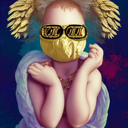 Image similar to Lofi vaporwave portrait baby cherub angel, ski mask, balaclava, face covered, Gucci, Nike, Chanel, multiple gold chains, Pixar style, Tristan Eaton, Stanley Artgerm, Tom Bagshaw