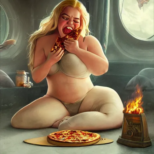 Image similar to a very fat margot robbie sitting in a messy room and burping because she ate too much pizza and junk food, green gas coming from her mouth, fantasy art, illustration, amazing detail, in the style of greg rutkowski, artgerm, cgsociety