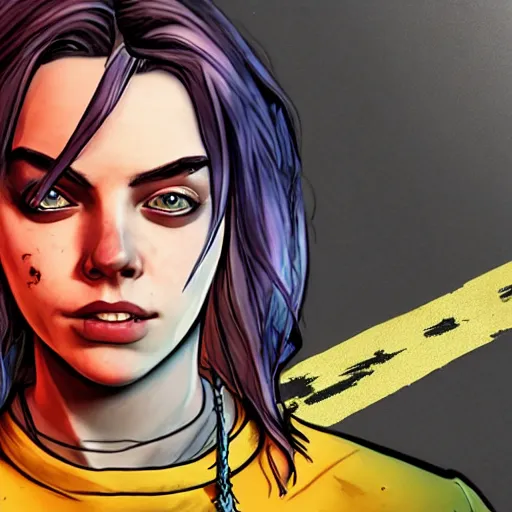 Image similar to billie eilish portrait, borderlands, tales from the borderlands, the wolf among us, comic, cinematic lighting, studio quality, 8 k