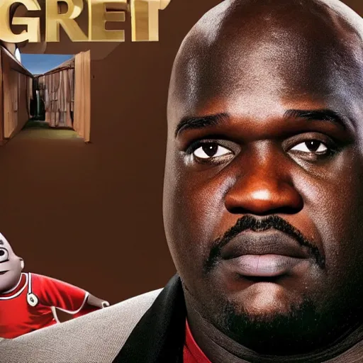 Prompt: shaq in a movie poster about squeezing into gnome homes, high quality, sharp focus, 4k