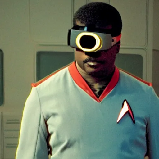 Image similar to geordi la forge wearing a small thin vr headset star trek