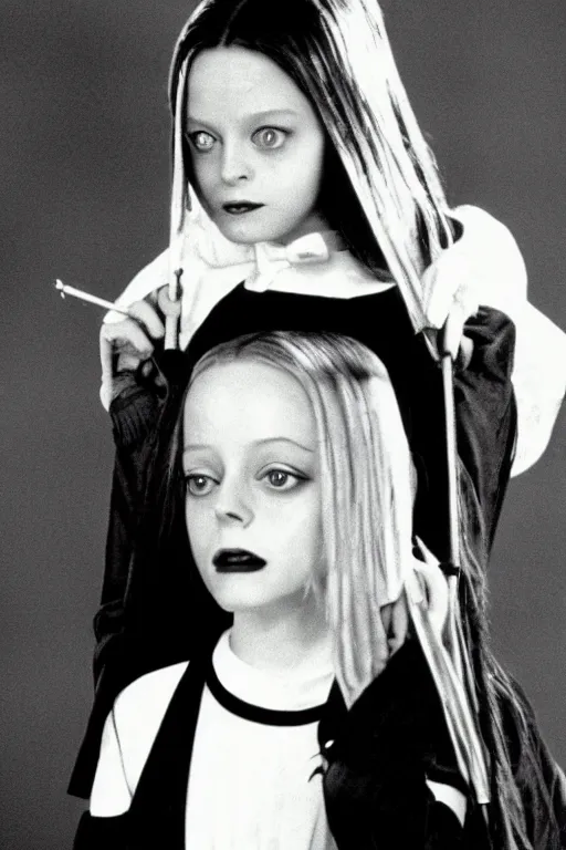 Prompt: Young Jodie Foster as Wednesday in The Addams Family movie 1991