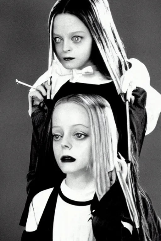 Image similar to Young Jodie Foster as Wednesday in The Addams Family movie 1991