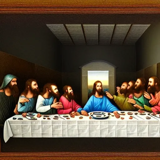 Prompt: A beautiful painting of the Last Supper, with Jesus and his disciples replaced by various animals. The painting is set in a forest, with a deer at the head of the table and a squirrel and rabbit to either side. clockpunk, crayon art by Hiroshi Yoshida, by Iryna Yermolova, by Catherine Hyde 3d render