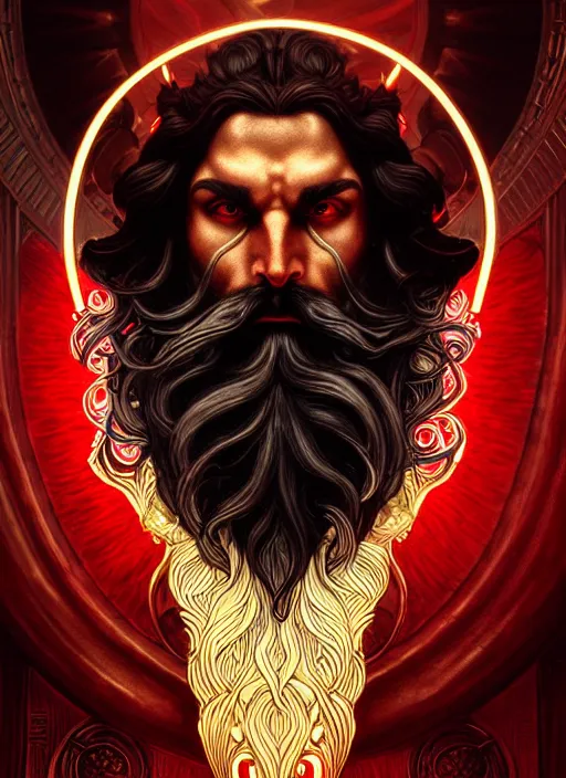 Image similar to furious god zeus, wavy black hair, bushy beard, glowing eyes, volumetric lights, red and gold scheme, art nouveau botanicals, gothic, intricate, highly detailed, digital painting, artstation, concept art, smooth, sharp focus, symmetric face, illustration, steampunk, art by artgerm and greg rutkowski and alphonse mucha