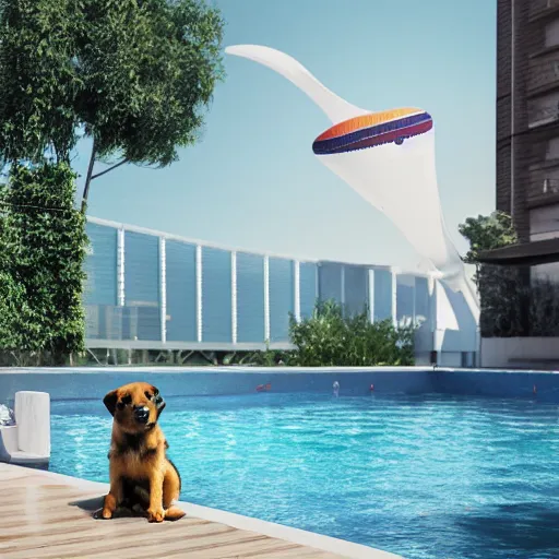 Prompt: a swanky gsd puppy relaxing at a swanky pool on a swanky penthouse rooftop with a futuristic blimp anchor in the background, 8K, 4K, photorealistic, ultrarealistic, UE5, Octane, 3D, digital art, RTX, Ray Tracing, Bokeh, happening vibe