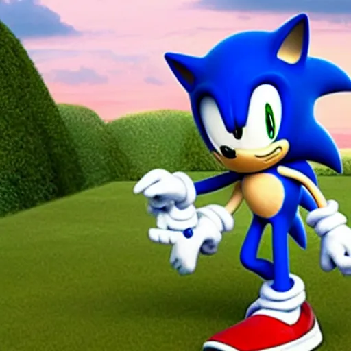 Prompt: sonic walking his dog