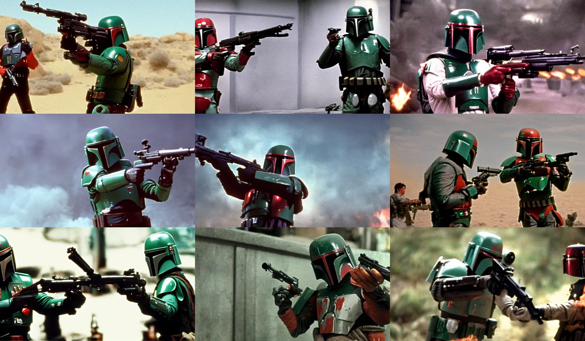 Prompt: film still of Boba Fett shooting an Uzi in Scarface movie, 4k