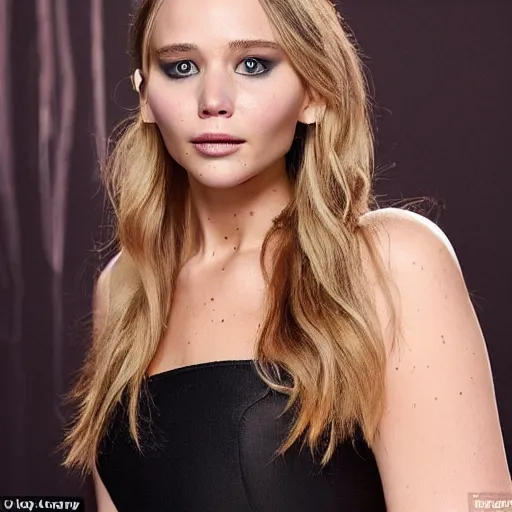 Image similar to a woman who is a genetic combination of jennifer lawrence and elizabeth olsen face and upper - body focus