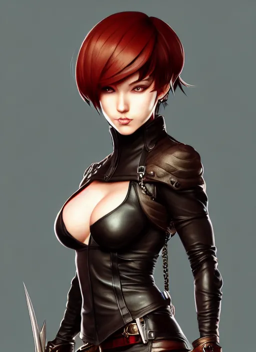 Image similar to rogue, leather bandit outfit!!! beautiful and athletic short hair female!! gorgeous face and eyes!! character concept art, sharp focus, octane render! unreal engine 5! highly rendered!! trending on artstation!! detailed linework!! illustration by artgerm, wlop, and chie yoshii