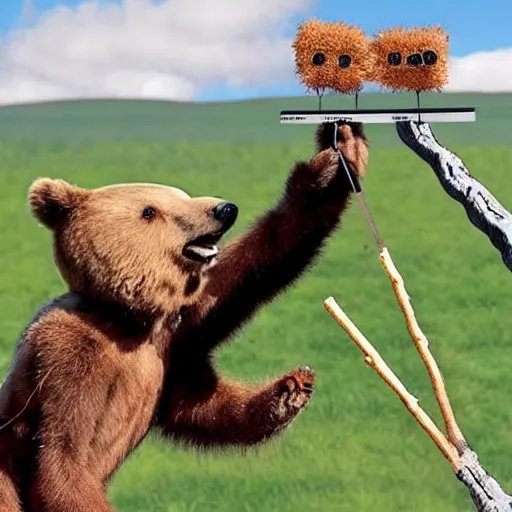 Prompt: cute robot chases bear with stick