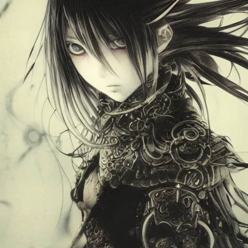 Image similar to Yoshitaka Amano blurred and dreamy illustration of an anime girl with a pirate eye patch, wavy white hair and cracks on her face wearing elden ring armour with the cape fluttering in the wind, abstract black and white patterns on the background, noisy film grain effect, highly detailed, Renaissance oil painting, weird portrait angle