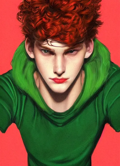 Image similar to portrait of teenage jason blossom, bangs, green eyes, 1 9 8 0 s, mischievous expression, red hair, evil smirk, bangs and curly hair, bangs, intricate, elegant, glowing lights, highly detailed, digital painting, artstation, concept art, smooth, sharp focus, illustration, art by wlop, mars ravelo and greg rutkowski