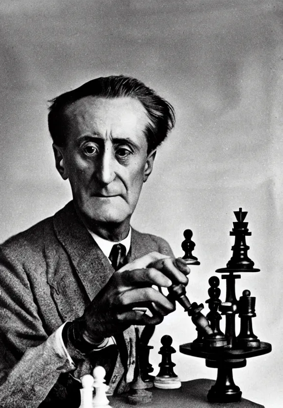 Image similar to marcel duchamp holding up a chess - piece wire - machine, a surrealist painting by marcel duchamp, complex artificial - intelligence machinery, flickr contest winner, studio portrait, 1 9 2 0 s