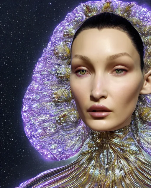 Image similar to a highly detailed metahuman 4 k close up render of an alien goddess bella hadid as alien in iris van herpen dress schiaparelli in diamonds crystals swarovski and jewelry iridescent in style of alphonse mucha gustav klimt trending on artstation made in unreal engine 4