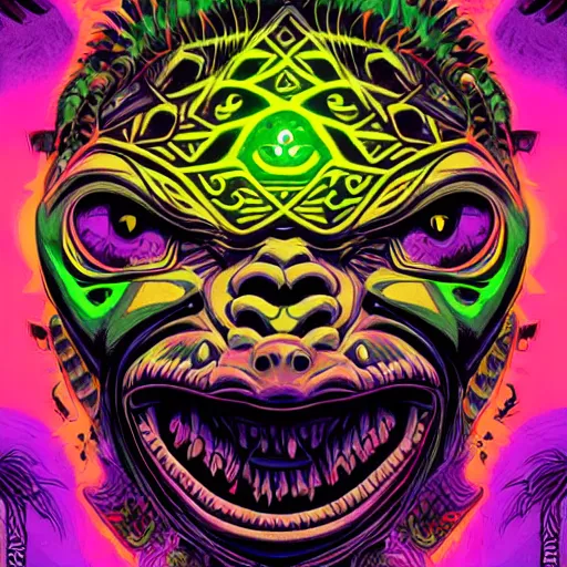 Prompt: barong family member, wiwek, mara demon, one single tribe member, jungle, one single mask, dark, ancient warrior, gorilla, lizard, tribal, fists visible, colors pink violet green yellow, inner glow, art by dan mumford and justin gerard