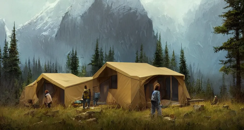 Prompt: cabela's beautiful comfortable modular insulated container home wall kit - house all weather family dwelling tent house, person in foreground, mountainous forested wilderness open fields, beautiful views, painterly concept art, environmental concept art, concept art illustration, by james gurney, by craig mullins, by greg rutkowski trending on artstation