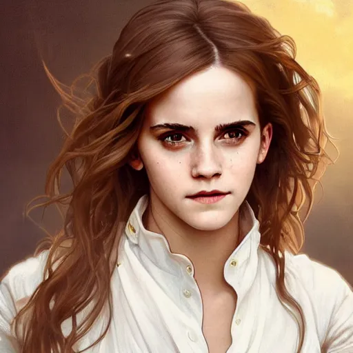 Prompt: Painting of Emma Watson as Hermione Granger. Prisoner of Azkaban. Cheerful. Happy. Art by artgerm and greg rutkowski and alphonse mucha. During golden hour. Extremely detailed. Beautiful. 4K. Award winning.