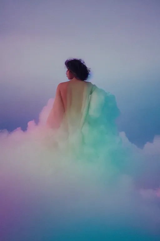 Image similar to high quality pastel coloured film close up wide angle photograph of a model wearing clothing swimming on cloud furniture in a icelandic black rock!! environment in a partially haze filled dreamstate world. three point light, rainbow. photographic production. art directed. pastel colours. volumetric clouds. pastel gradient overlay. waves glitch artefacts. extreme facial clarity. 8 k. filmic.