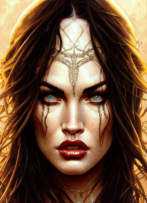 Image similar to portrait of megan fox as demon, batwings, hell, intricate, headshot, highly detailed, digital painting, artstation, concept art, sharp focus, cinematic lighting, illustration, art by artgerm and greg rutkowski, alphonse mucha, cgsociety