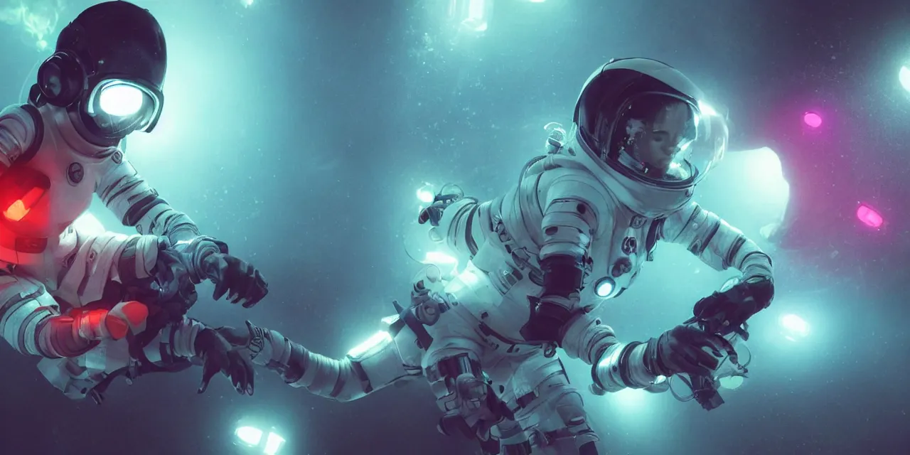 Prompt: Zoe Kravitz with short hair as a techpunk astronaut, helmet with led lights, underwater in the ocean at night, clear water, glowing bubbles, volumetric lighting, glowing lights, 4k, octane, unreal engine, digital painting, artstation, concept art, high contrast, high saturation , cinematic film still, sharp focus, illustration, art by Christopher Nolan and artgerm and greg rutkowski and alphonse mucha , wide angle view, full body