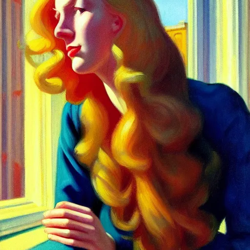 Prompt: A beautiful close-up of a young blond man with very long curly hair, dressed like in the 1940s, digital art by Edward Hopper, vibrant color scheme, highly detailed, in the style of romanticism, fine Art, high detail, great lighting, 8k resolution, masterpiece, concept art, illustration, clear eyes, soft lighting, soft details, painting oil on canvas, octane render, HDR, trending on artstation, 4k, 8k, HD