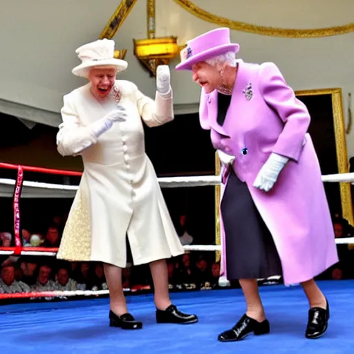 Image similar to the queen of england viciously attacks the pope in a boxing ring