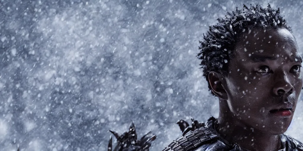 Prompt: a film still of a black man starring in a japanese blockbuster film as ancient samurai, fighting against alien creatures, snow, shallow depth of field, cinematic, award winning cgi, vfx, film still