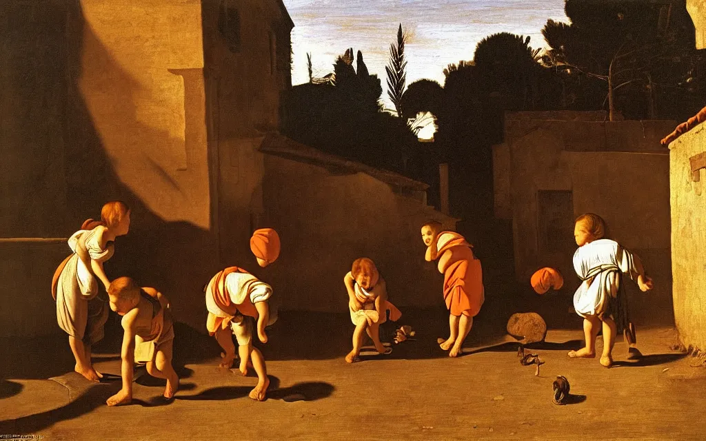 Prompt: children playing near a wash house in a medieval village at sunset orange light realist painting caravaggio
