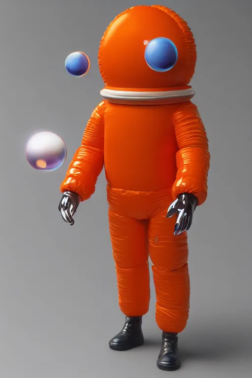 Prompt: still figurine of a tall giant inflated space man action figure wearing over sized orange puffy bomber jacket, two googly eyes, small head, personification, dynamic pose, detailed product photo, tone mapped, beautiful composition, 8 5 mm, f 5. 8, soft lighting