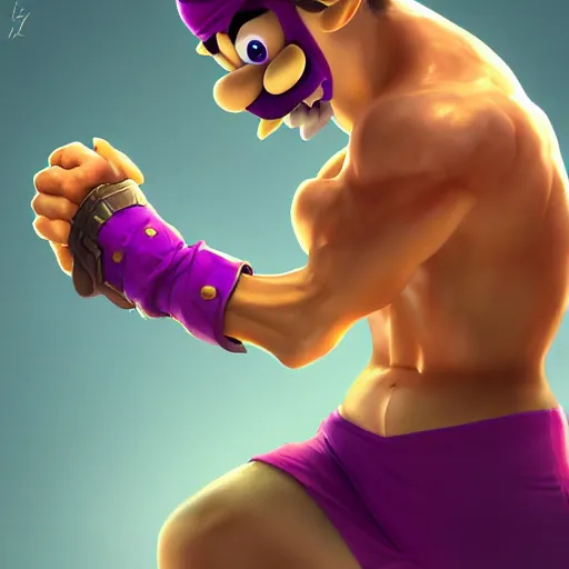 Image similar to pro wrestler waluigi , made by Stanley Artgerm Lau, WLOP, Rossdraws, ArtStation, CGSociety, concept art, cgsociety, octane render, trending on artstation, artstationHD, artstationHQ, unreal engine, 4k, 8k,