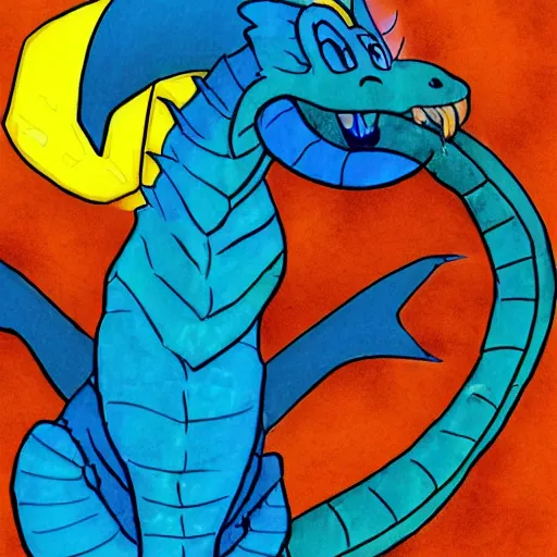 Prompt: children's cartoon of a blue dragon sitting on top of a suburban home at night