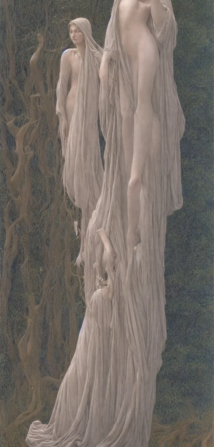 Prompt: thin young beautiful with long wispy grey hair, wearing robes, glfemale goddess, oil on canvas jean delville and ralph maquarrie, 4 k resolution, calm serene aesthetics