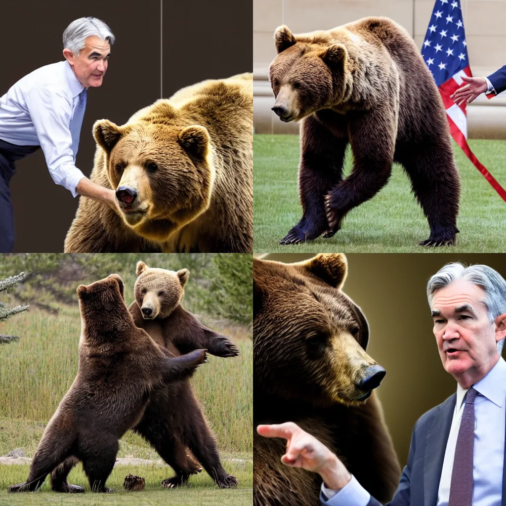 Prompt: Jerome Powell fighting a bear