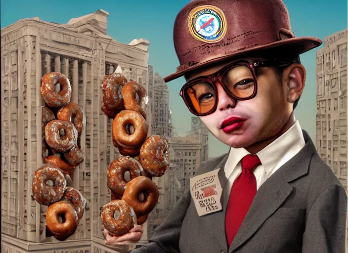 Prompt: a fbi agent made of donuts, lowbrow, matte painting, 3 - d highly detailed, in the style of mark ryden,