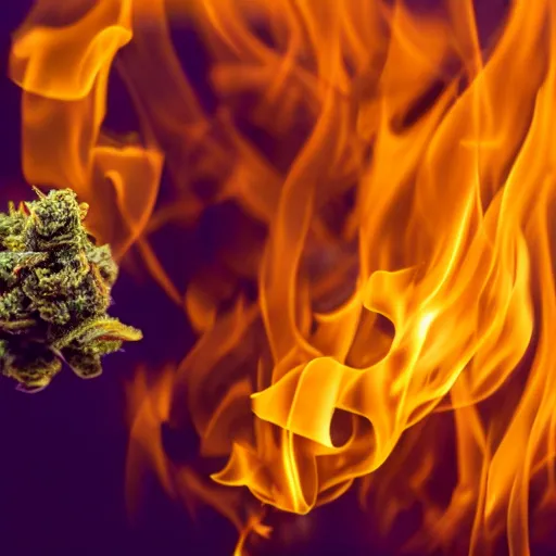 Prompt: a marijuana flower on fire, cinematic lighting, professional photography, award winning.