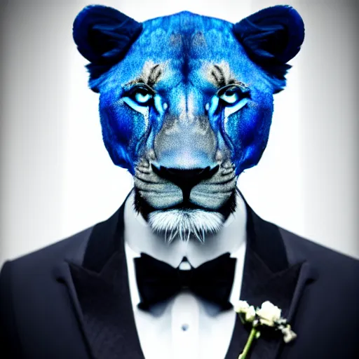 Image similar to a studio photograph of a blue lion wearing a tuxedo suit,professional photography,studio lighting,studio photo,professional lighting,3 point lighting,dramatic,8k,detailed face,hyperdetailed,photorealistic