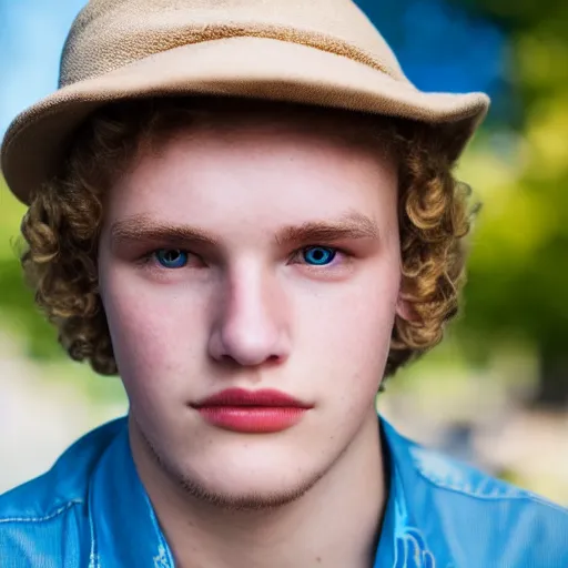 Image similar to close up of 1 8 year old man with wavy / curly light blonde hair, blue eyes, pale complexion, wearing 1 9 5 0 s clothing, 8 5 mm f / 1. 4