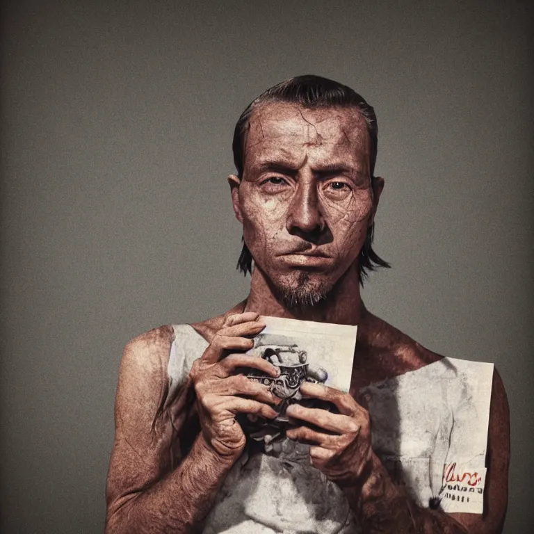 Image similar to realistic exposed expired fuji film portrait of a man holding up a magazine named kampanje, hyperrealism, hypermaximalism, photorealistic, detailed, atmospheric, 8 k, award winning photography, cinematic