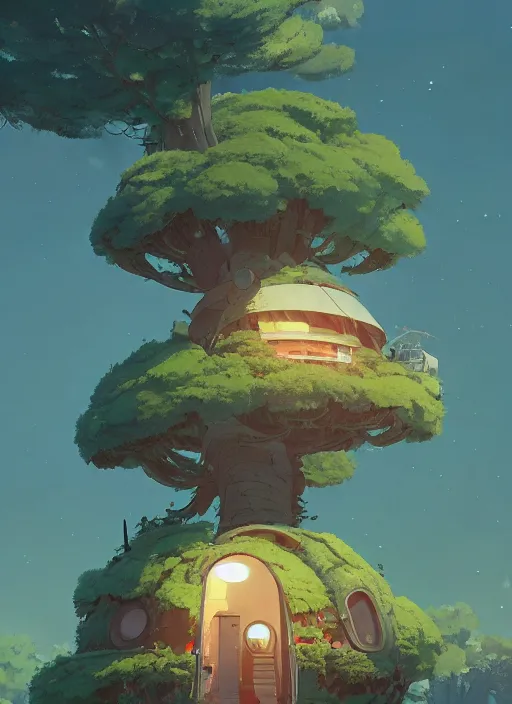 Image similar to a cute house in a giant tree, nuclear powered, detailed, futuristic, cory loftis, james gilleard, atey ghailan, makoto shinkai, goro fujita, studio ghibli, rim light, exquisite lighting, clear focus, very coherent, plain background