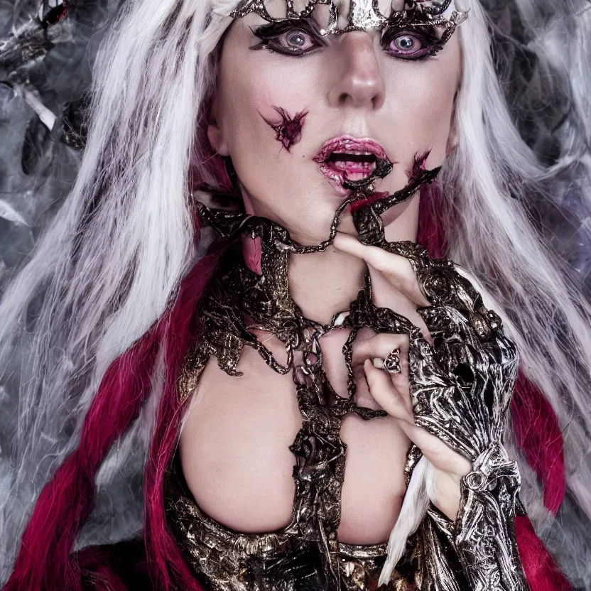 Image similar to portrait of lady gaga as an elf sorceress, ultra realistic, highly detailed, canon 3 5 mm photography