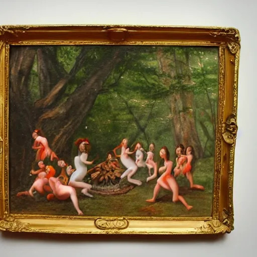 Image similar to painting of nymphs dancing around a campfire in the middle of the forest, happy, playful, joyful