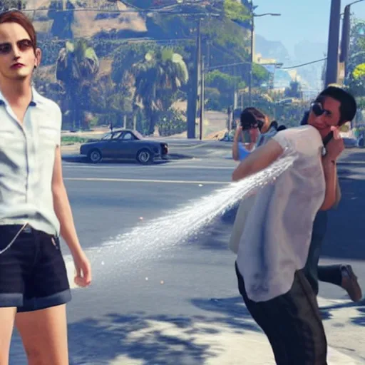 Prompt: Emma Watson spilling a soda on her white shirt in GTA 5.