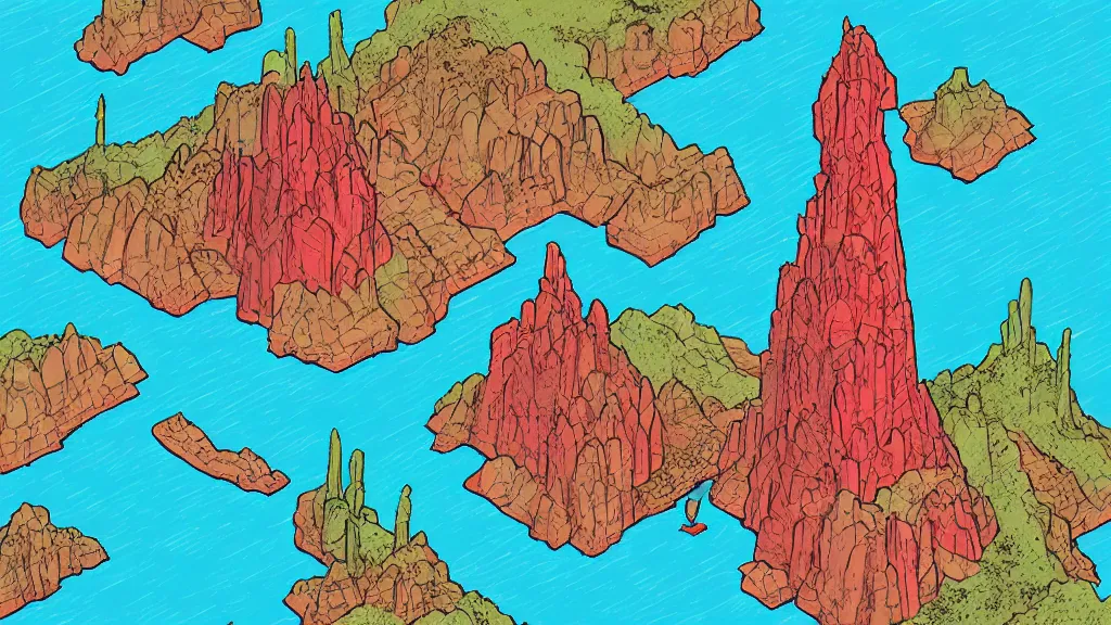 Prompt: Aerial view of a wizard tower surrounded by a blue cave, a red cave, a blue mine and a red mine, lineart, colored