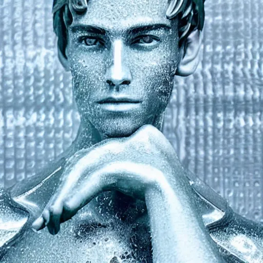 Prompt: a realistic detailed photo of a guy who is an attractive humanoid who is half robot and half humanoid, humanoid robot, by the pool, posing like a statue, who is a male android, blank stare, on display, made of ice, shiny skin, frozen ice statue, showing off his muscles, f 1 driver charles leclerc