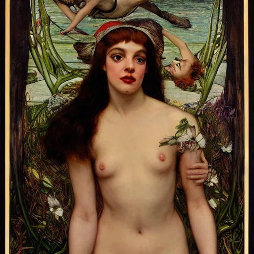 Image similar to portrait of a hybrid of a hybrid of a hybrid of judy garland and lady gaga and liza minelli holman hunt, john william waterhouse, kilian eng, rosetti, john everett millais, william holman hunt, 4 k