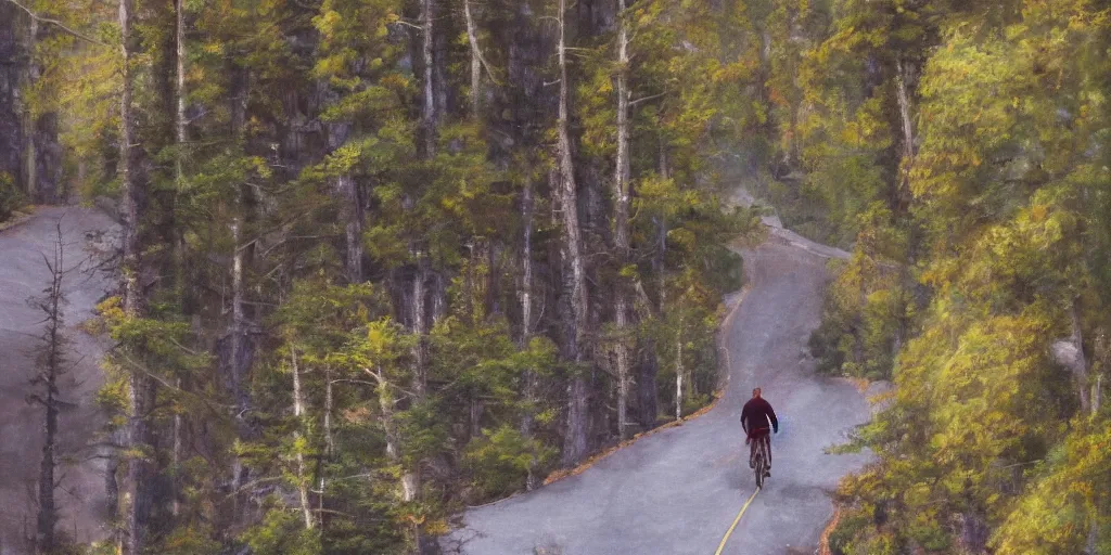 Image similar to Exactly two men biking alone up a steep forest hill. One with a deep dark blue sweater and the other with a wine red sweater. sweaty. Oil painting. Emotional. Trending on artstation. Steep. Nordic Trees. Rustic. Artistic.