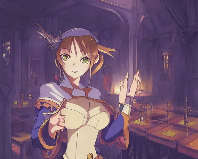 Image similar to anime visual, portrait of a young female in a busy fantasy medieval tavern interior at night, face by yoh yoshinari, murata range, last exile, blue submarine no 6, dynamic pose, dynamic perspective, detailed silhouette, rich texture, seven deadly sins anime, flat, anime cels, matte color, flat lighting on face, rounded eyes