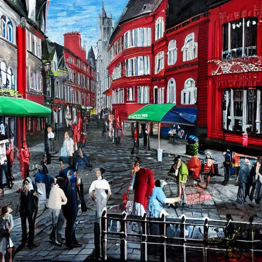 Image similar to A British European City with cars and people roaming inside of the city, certain aspects of the background are lens blurred, splatters of red and red paint circle significant parts of the city, some of the people are even painted red, black and white photograph painting, real life, realistic, hyperrealistic, very realistic, photo photograph, photo, photograph, painting, oil painting, ultra realistic, very detailed, extremely detailed, highly detailed, HD Quality, 4k resolution, 8k resolution, trending on artstation, in the style of an Album Cover, cool, epic, nostalgic, intricate details