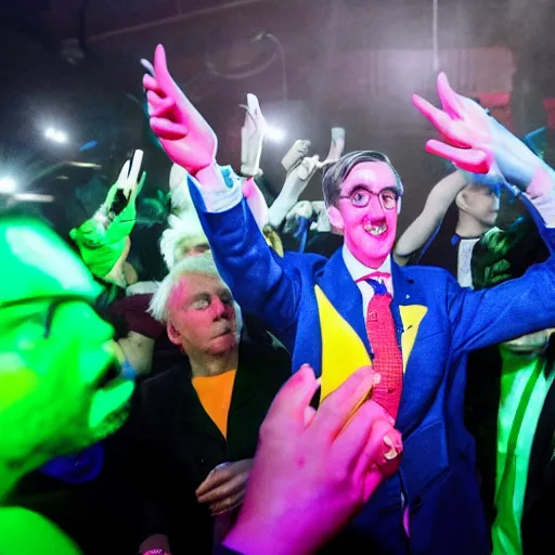 Prompt: jacob rees - mogg at a rave surrounded by dayglo ravers, dramatic angle